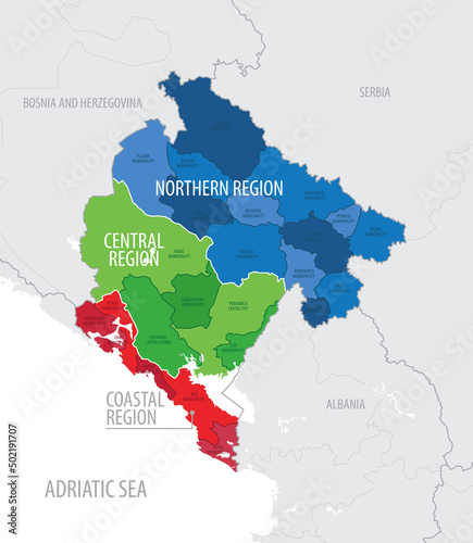 Map of the Montenegro with administrative divisions of the country into regions and Municipality, detailed vector illustration photo