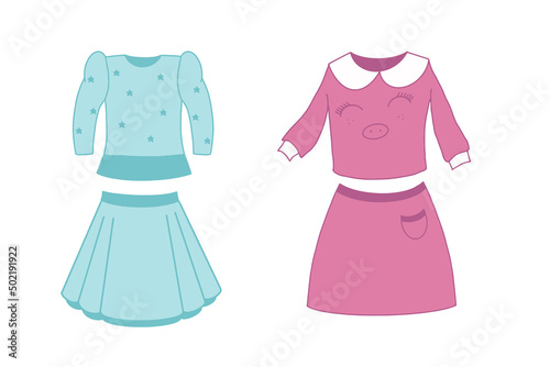 A set of festive clothes for girls. Blouses and skirts on a white background. Vector illustration