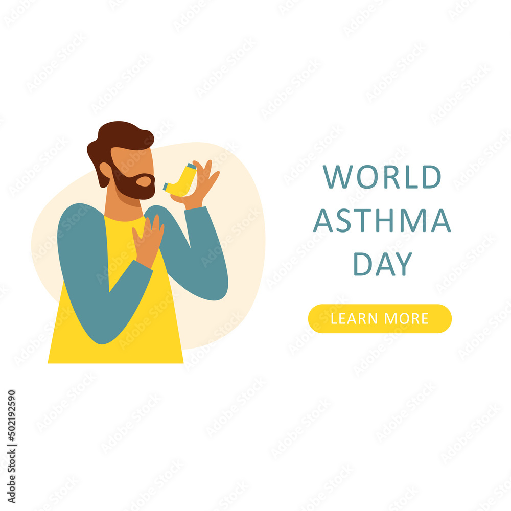 A vector composition with a man using inhaler. World asthma day A vector composition with a man using inhaler. World asthma day