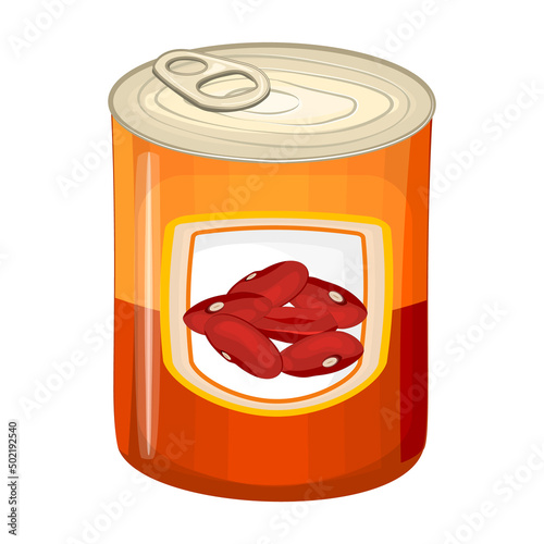 Red beans tin can isolated on white background. Canned, stewed, dressing or condensed soup of brown haricot in metallic can package. Preserve food with baked kidney beans. Tinned adzuki bean. Vector