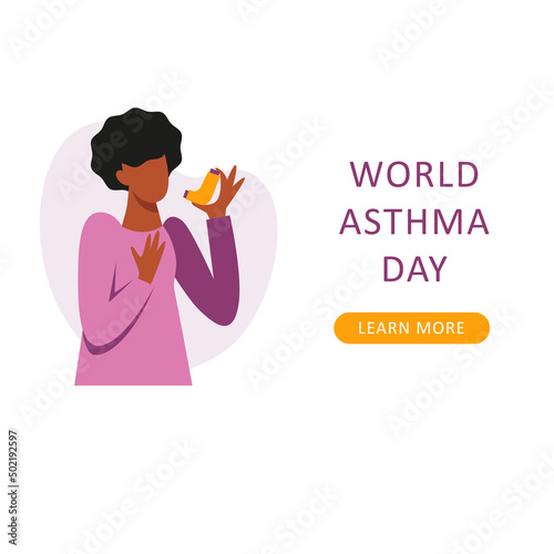 A vector composition with a black woman using inhaler. World asthma day