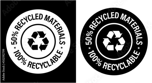 50% recycled materials, 100% recyclable vector icon set