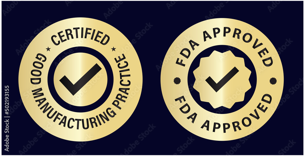 'certified good manufacturing practice' and 'Fda approved' vector icons isolated on dark background