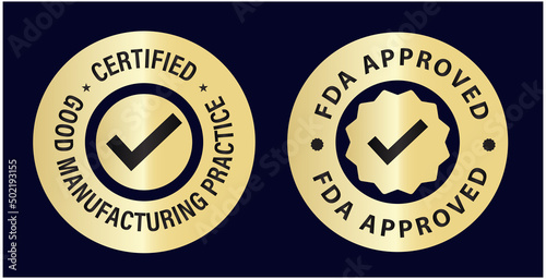 'certified good manufacturing practice' and 'Fda approved' vector icons isolated on dark background