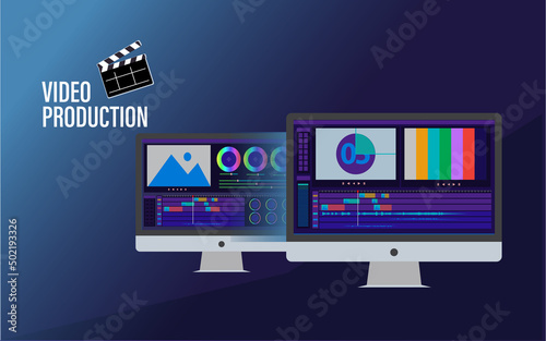 video editing abstract vector illustration with video editing monitor and color grading monitor