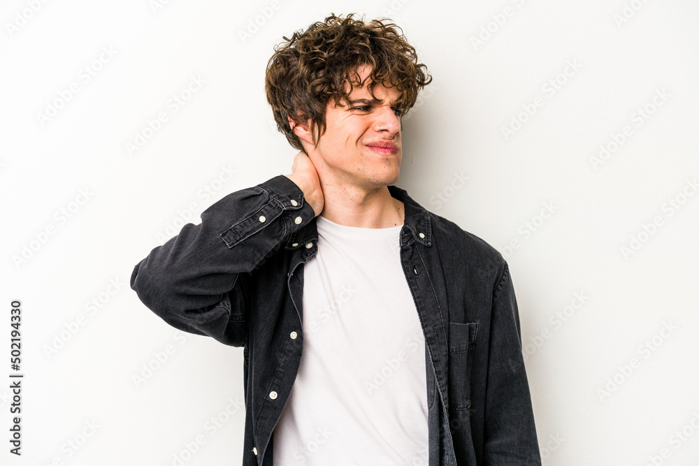Young caucasian man isolated on white background tired and very sleepy keeping hand on head. Young caucasian man isolated on white background tired and very sleepy keeping hand on head.