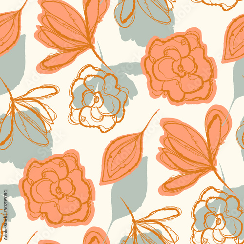 Natural chic boho flower seamless pattern in ditzy wildflower style. Hand drawn organic botanics fashion print. Modern summer nature garden bloom in trendy vintage country cottagecore color. 