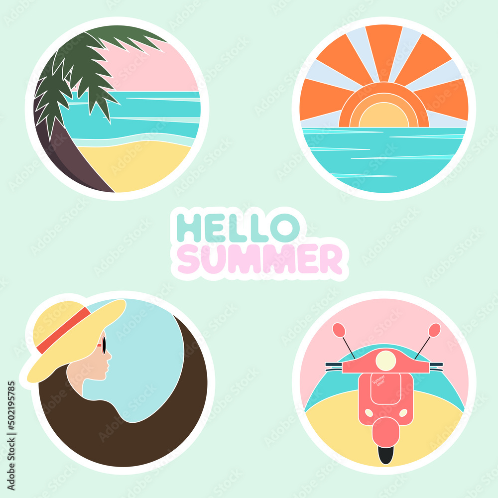 Summer tropical set of stickers. Round stickers with palm tree, sea, beach, scooter, sun, woman in a hat 