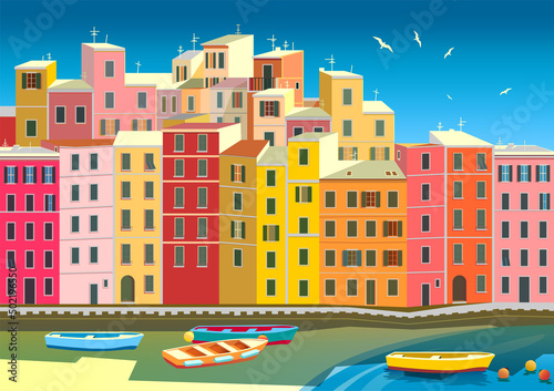 Mediterranean romantic landscape with village, boats and sea in the first plan. Handmade drawing vector illustration. Can be used for posters, banners, postcards, books etc.