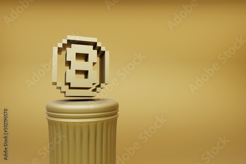 Beautiful abstract illustrations Golden Golden Pixel number 8 symbol icons on a golden column and wonderful background. 3d rendering illustration. Background pattern for design. photo