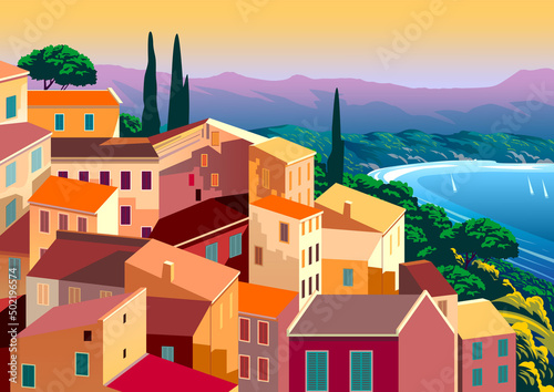 Mediterranean romantic landscape with village in the first plan, sea and mountains in the background. Handmade drawing vector illustration. Can be used for posters, banners, postcards, books  etc.