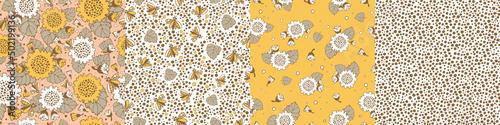Modern floral pattern set, large sunflower flowers, foliage and butterflies, polka dot pattern, small spots, inflorescences, moths. Seamless pattern set. Modern design for paper, cover, fabric, decor