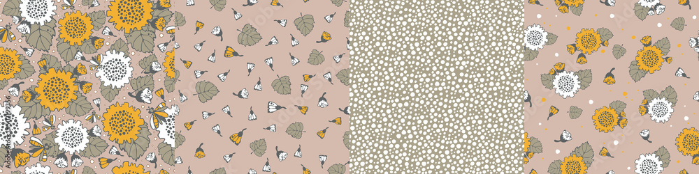 Modern floral pattern set, large sunflower flowers, foliage and butterflies, polka dot pattern, small spots, inflorescences, moths. Seamless pattern set. Modern design for paper, cover, fabric, decor