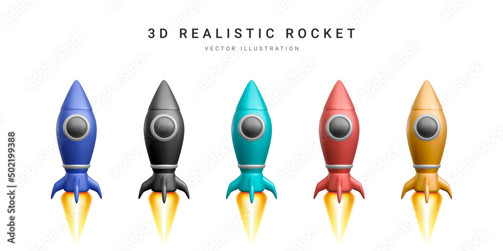 3d colour rocket set. Realistic space ship isolated on a white background. Vector illustration 3d colour rocket set. Realistic space ship isolated on a white background. Vector illustration