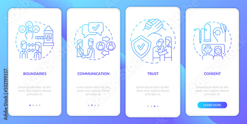 Healthy relationships essentials gradient onboarding mobile app screen. Walkthrough 4 steps graphic instructions pages with linear concepts. UI, UX, GUI template. Myriad Pro-Bold, Regular fonts used