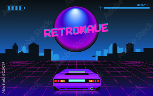 80s retrowave background, 3d vector illustration. Retro video racing game concept. Futuristic car drive through neon abstract cyberspace with perspective grid.