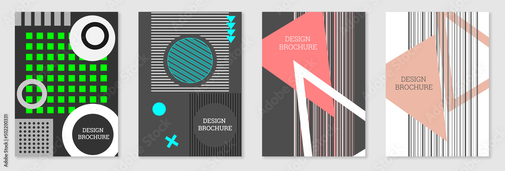 Fototapeta premium Set of cover design in Memphis style. Geometric design, abstract background. Fashionable bright cover, banner, poster, booklet. Creative colors.