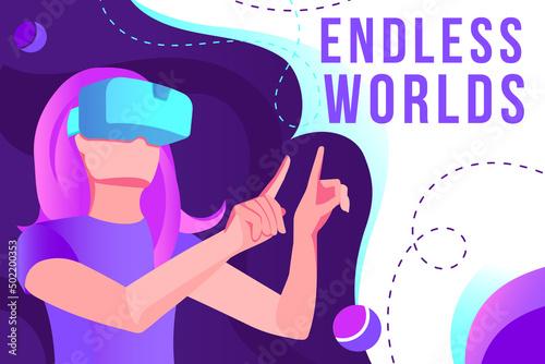 Digital cyber world technology banner with copy space. Neon glowing Virtual reality technology concept. Girl in digital glasses surrounded with futuristic fluorescent space