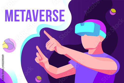 Metaverse digital cyber world technology.Neon glowing Virtual reality technology concept. Character in digital glasses surrounded with futuristic fluricent space