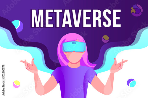 Metaverse futuristic cyber world technology. Woman in virtual reality glasses. Meta universe banner with space elements. Editable vector illustration.