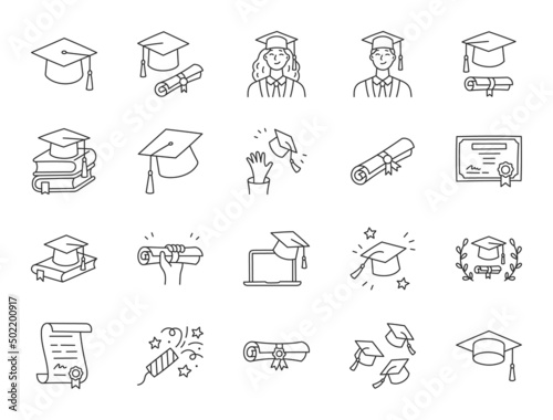 Graduation doodle illustration including icons - student in cap, diploma certificate scroll, university degree . Thin line art about high school education. Editable Stroke photo