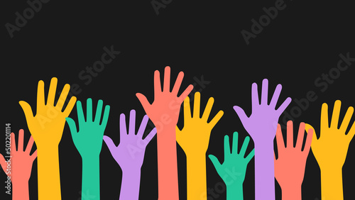 Multicultural colorful hands. Black background. Vector editable