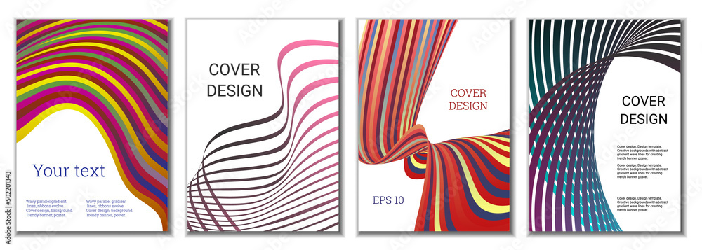 A set of 4 abstract covers. Wavy parallel gradient lines, ribbons evolve. Cover design, background. Trendy banner, poster. A set of 4 abstract covers. Wavy parallel gradient lines, ribbons evolve. Cover design, background. Trendy banner, poster.