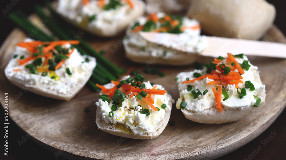 Canape with cream cheese and green onions. Healthy sandwich. Canape with cream cheese and green onions. Healthy sandwich.
