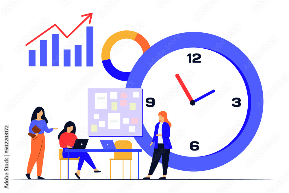 Vector characters. Office work. Team of entrepreneurs, managers. Deadline closing. Colored flat illustration. Vector characters. Office work. Team of entrepreneurs, managers. Deadline closing. Colored flat illustration.