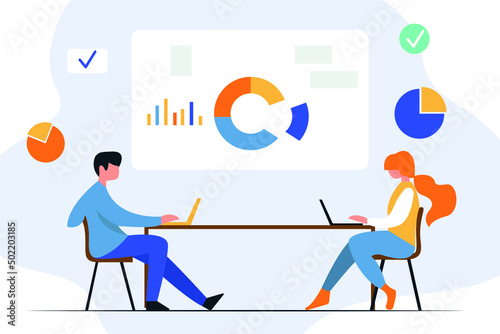 Vector characters. Office work. Team of entrepreneurs, managers. Deadline closing. Colored flat illustration.