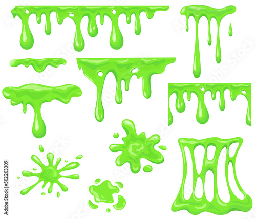 Cartoon slime dripping. Mucus green goo drip sticky slimy mucus, liquid splash splatter, viscous snot, blob poison, splodge glow glue jelly, neat vector icon. Illustration of paint mucus, blob slime