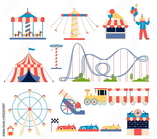 Amusement park elements. Carnival attractions, kids roller coaster and carousel. Ride cars, ferris wheel and swing. Playground elements and clown recent vector icons