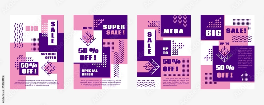 Memphis style sale banners. Coupon design, graphic geometric modern discount posters. Trend fashion template, promotion, tidy vector cards