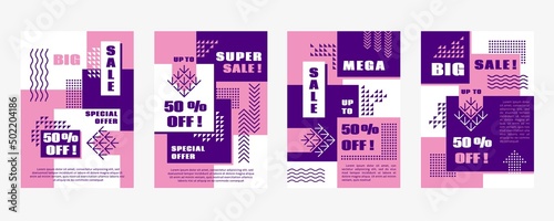 Memphis style sale banners. Coupon design, graphic geometric modern discount posters. Trend fashion template, promotion, tidy vector cards