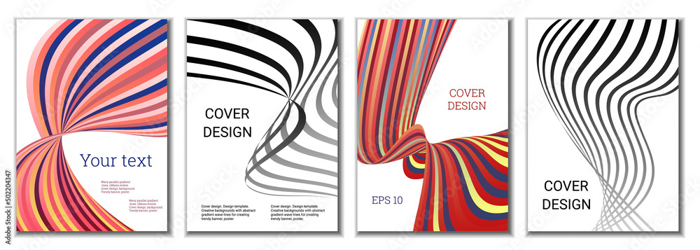 A set of 4 abstract covers. Wavy parallel gradient lines, ribbons evolve. Cover design, background. Trendy banner, poster. A set of 4 abstract covers. Wavy parallel gradient lines, ribbons evolve. Cover design, background. Trendy banner, poster.