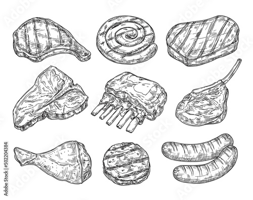 Sketch meats. Beef, pork and sausage. Fresh bbq party ingredients. Meat fillet and ribs, hand drawn barbeque beefsteak. Sketched food neoteric vector set