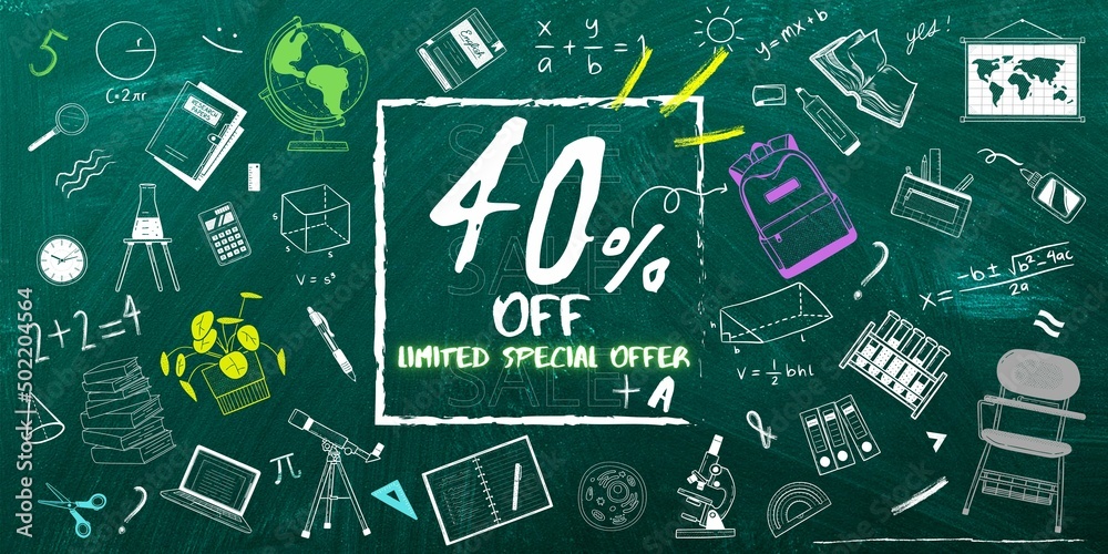 40% off limited special offer. Banner with forty percent discount on a gren background with white square