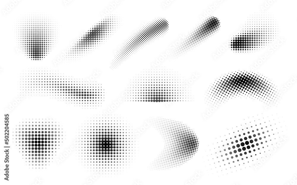 Halftone dots shapes. Fade black dot design elements. Trendy geometric ellipse, circles and drips. Elegant circular gradient exact effects, vector kit