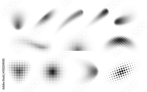 Halftone dots shapes. Fade black dot design elements. Trendy geometric ellipse, circles and drips. Elegant circular gradient exact effects, vector kit