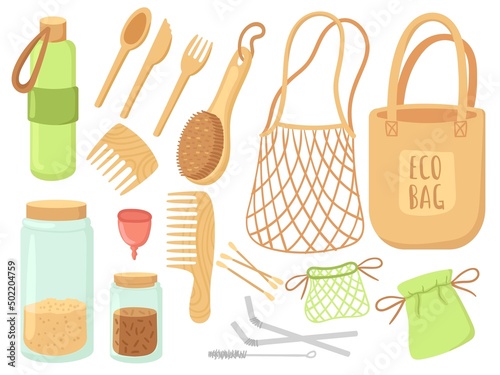 Zero waste. Bamboo kitchen spoon and fork, sorting food glass containers. Reusable plastic and wood utensils. Eco elements for clean planet, neat vector kit