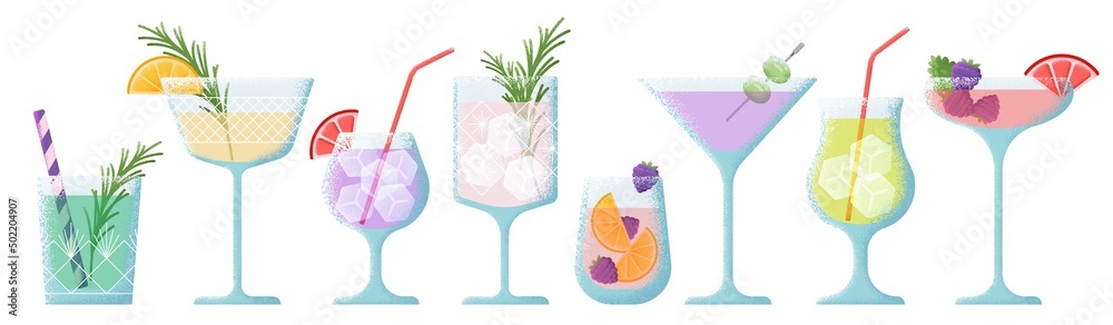Vecteur Stock Summer beach cocktails. Drinks mix, drink minimalist style.  Gin vodka cocktail, simple glass with cut fruits and ice cube. Creative  weekend party swanky vector elements | Adobe Stock