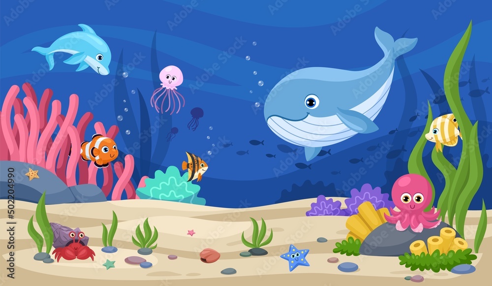 Underwater animal background. Aquatic animals, cartoon sea world