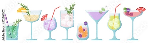 Summer beach cocktails. Drinks mix, drink minimalist style. Gin vodka cocktail, simple glass with cut fruits and ice cube. Creative weekend party swanky vector elements