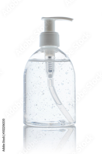 Alcohol pump bottle for washing hands on white background, clipping path