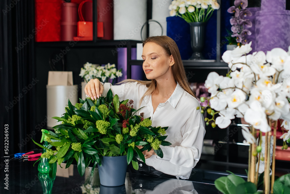 A young female florist takes care of flowers in a cozy flower shop and collects bouquets. Floristry and making of bukets in a flower shop. Small business.