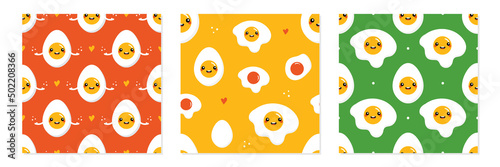 Set  collection of three vector seamless pattern backgrounds with boiled eggs and fried eggs characters for breakfast design. 