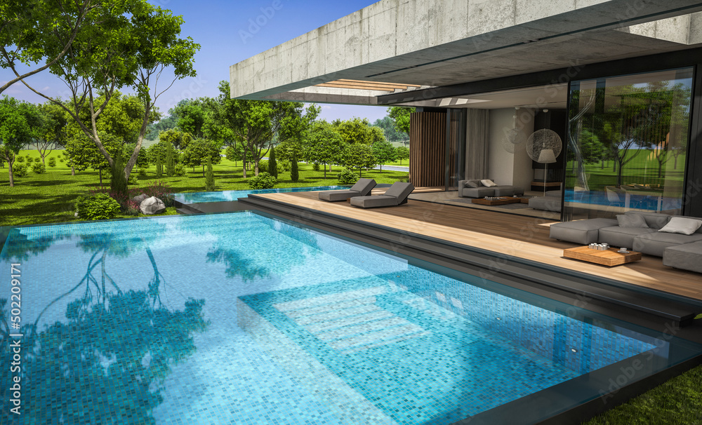 3d rendering of new concrete house in modern style with pool and parking for sale or rent and beautiful landscaping on background. The house has only one floor. Summer sunny day with clear blue sky.