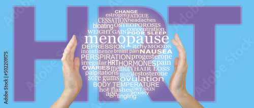 Menopause and HRT is in your hands bubble campaign message banner - hands raised around a circular word cloud relevant to menopausal awareness against a purple HRT and blue background
 photo