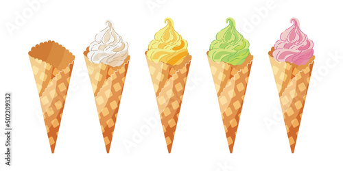 Ice cream in the waffle cone isolated on white background. Cute cartoon style illustration for product design
