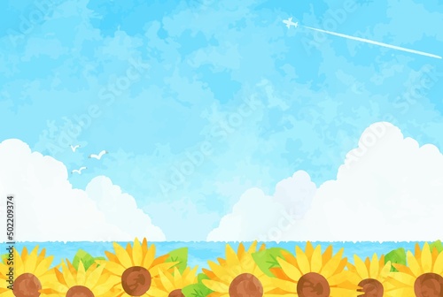 爽やかな青空と海とひまわりの風景イラスト